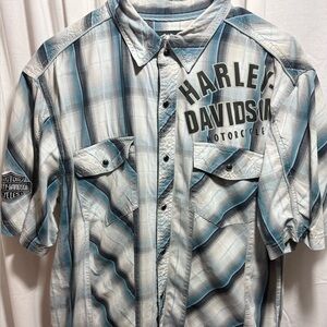 Harley-Davidson Light Blue Plaid Short Sleeve snap-Down Shirt